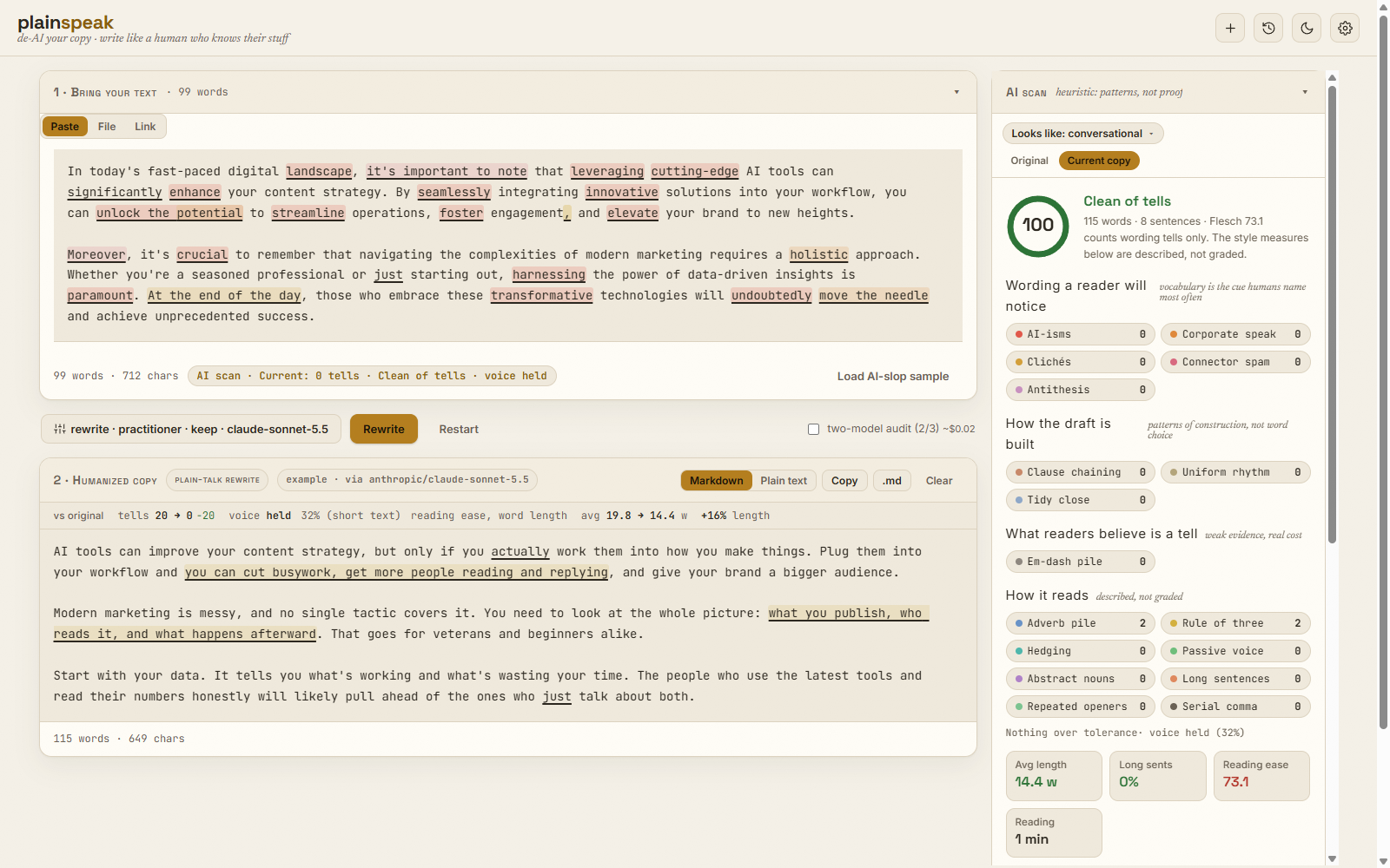 The PlainSpeak window: the draft with its tells highlighted at the top, the plain rewrite below it, and the scan results in a column on the right.