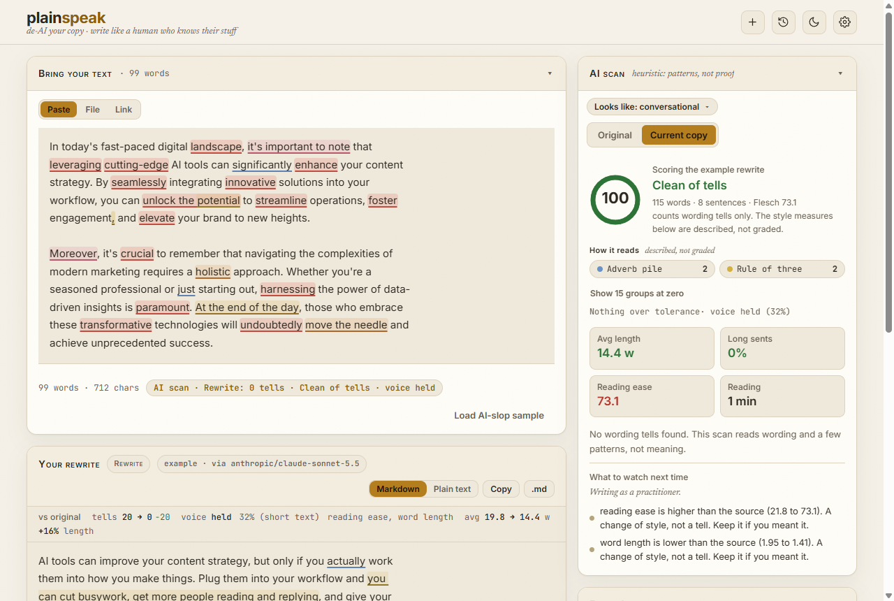 The PlainSpeak window with the sample draft on the left, its rewrite below it, and the AI scan panel on the right
