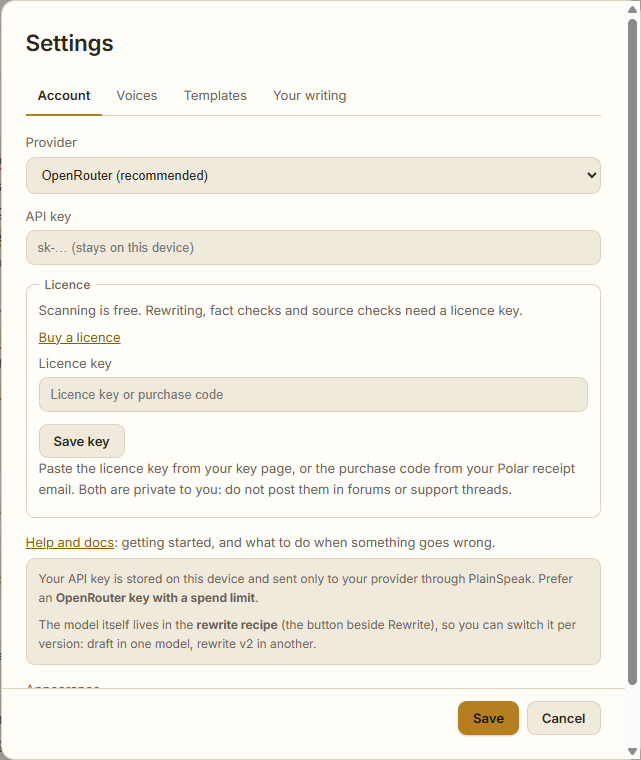 The Account tab in Settings, showing Provider, API key and the Licence section